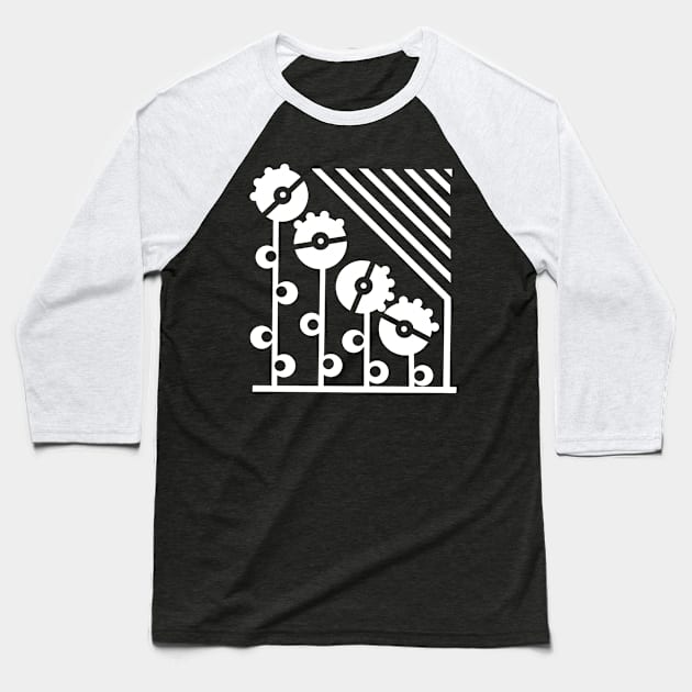 White Mechanical Flowers - Asphalt Baseball T-Shirt by Design Fern